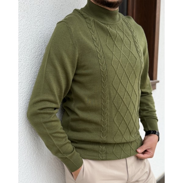 Erkek Baklava Desenli Boğazlı Yaka Slim Fit Triko Kazak