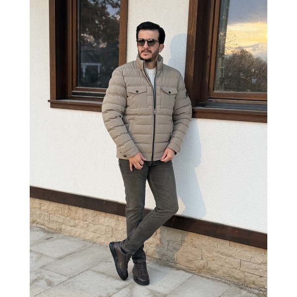 Erkek Premium Dik Yaka Kapak Cepli Slim Fit Şişme Mont 