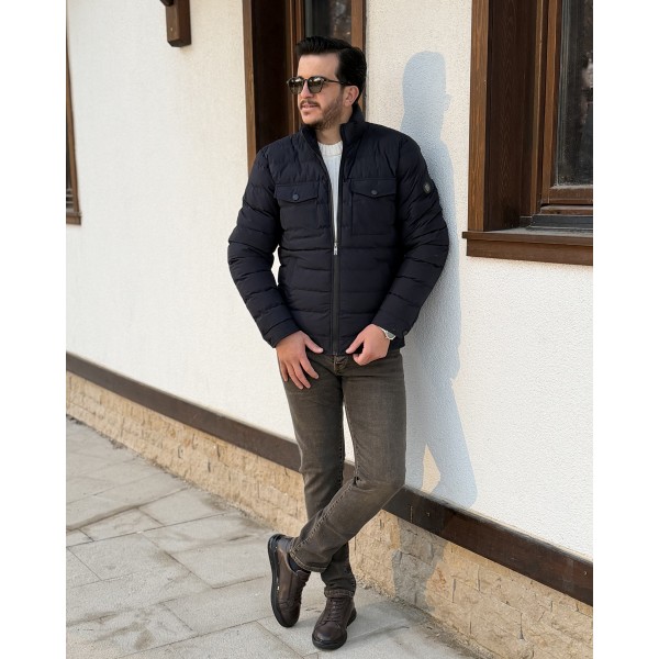 Erkek Premium Dik Yaka Kapak Cepli Slim Fit Şişme Mont 