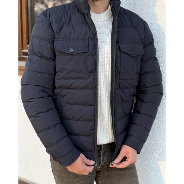 Erkek Premium Dik Yaka Kapak Cepli Slim Fit Şişme Mont 