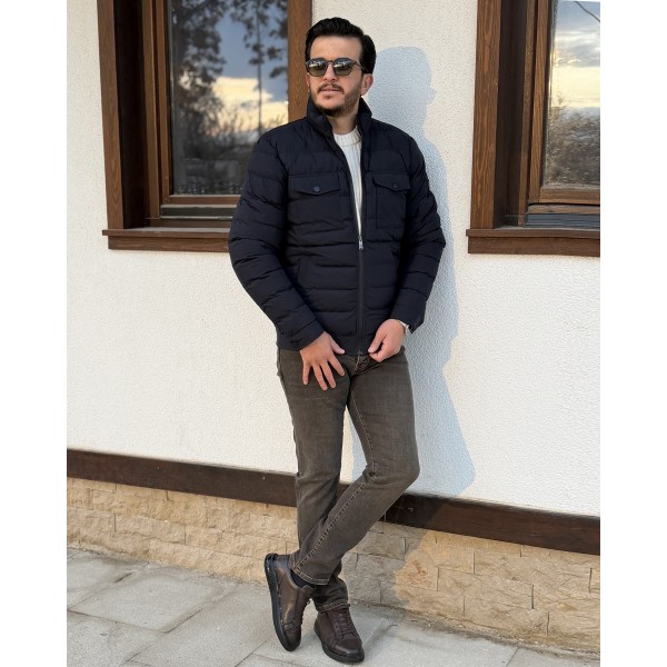 Erkek Premium Dik Yaka Kapak Cepli Slim Fit Şişme Mont 