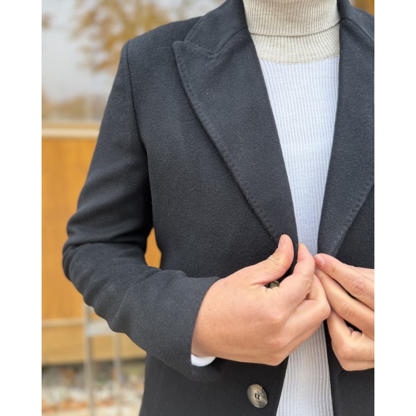 Erkek Premium Siyah Slim Fit Tek Düğmeli Yünlü Kaşe Kaban