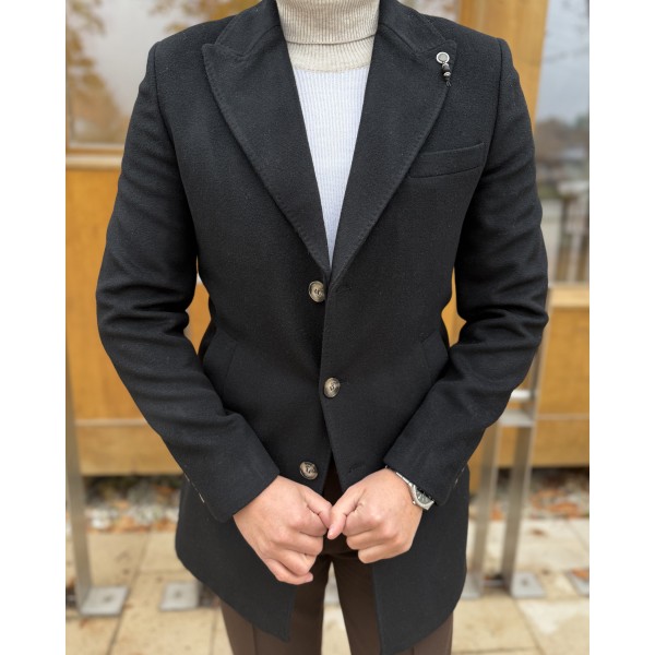 Erkek Premium Siyah Slim Fit Tek Düğmeli Yünlü Kaşe Kaban
