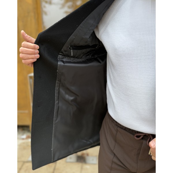 Erkek Premium Siyah Slim Fit Tek Düğmeli Yünlü Kaşe Kaban