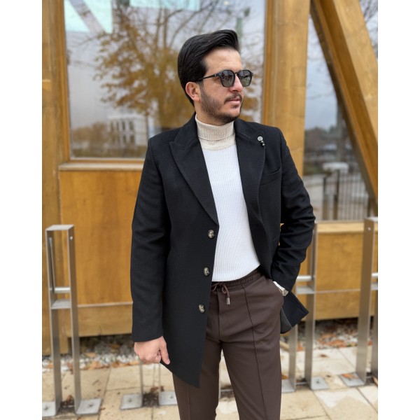 Erkek Premium Siyah Slim Fit Tek Düğmeli Yünlü Kaşe Kaban