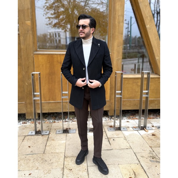 Erkek Premium Siyah Slim Fit Tek Düğmeli Yünlü Kaşe Kaban