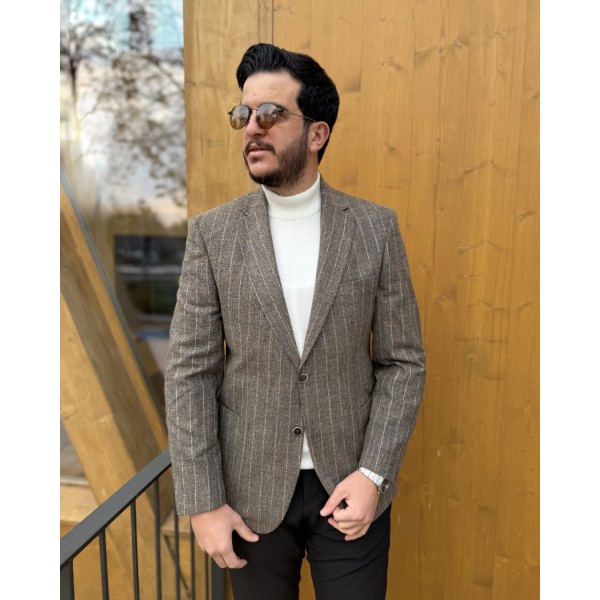 Erkek Premium Kahverengi İnce Çizgili Blazer Cek...
