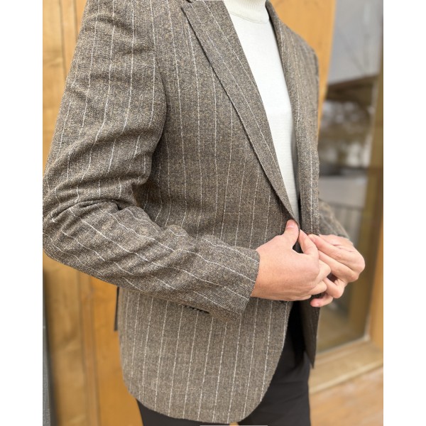 Erkek Premium Kahverengi İnce Çizgili Blazer Ceket