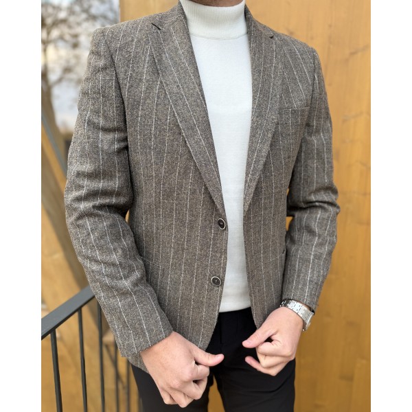 Erkek Premium Kahverengi İnce Çizgili Blazer Ceket
