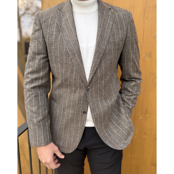 Erkek Premium Kahverengi İnce Çizgili Blazer Ceket