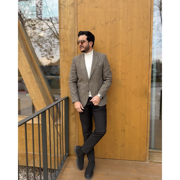 Erkek Premium Kahverengi İnce Çizgili Blazer Ceket