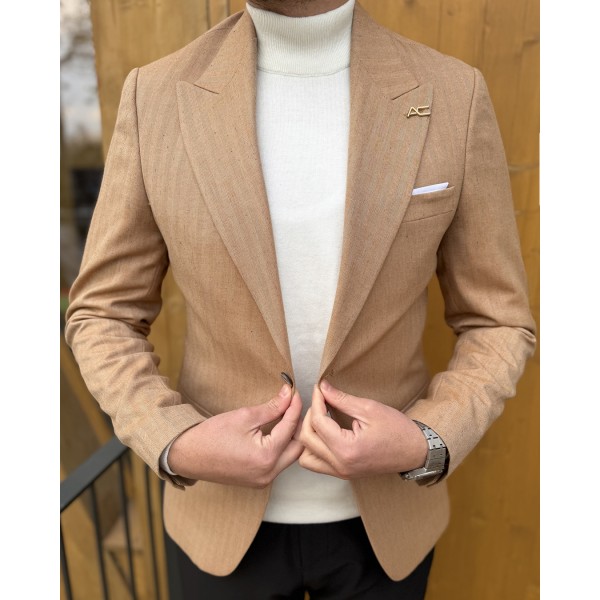 Erkek Elegant Line Bej Blazer Ceket 
