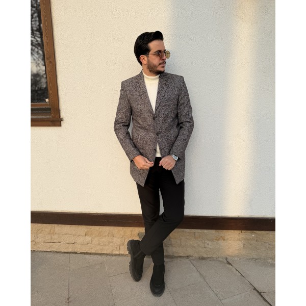 Lacivert Kahve Ekose Dokulu Yün Kaban