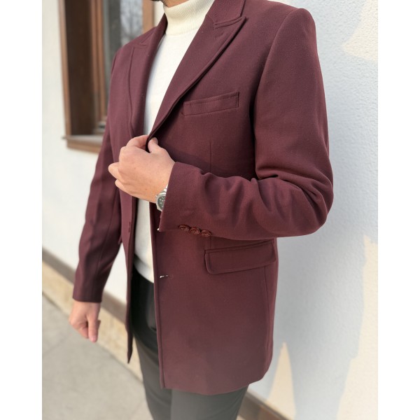 Elegant Bordo Yün Düğmeli Kaban
