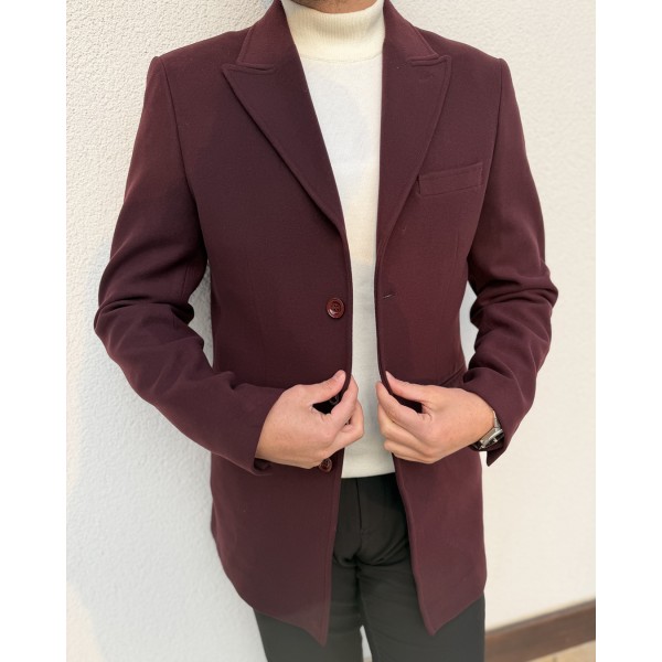 Elegant Bordo Yün Düğmeli Kaban