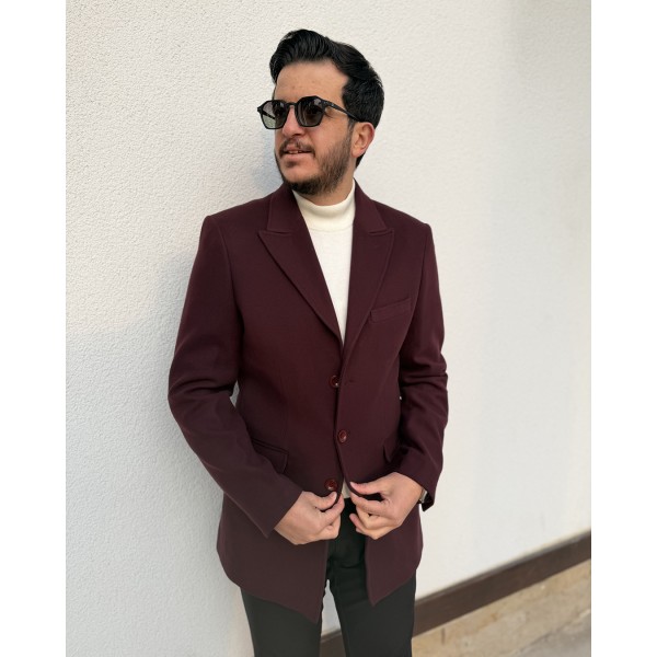 Elegant Bordo Yün Düğmeli Kaban