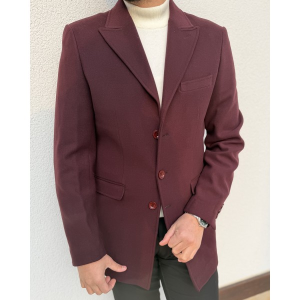 Elegant Bordo Yün Düğmeli Kaban