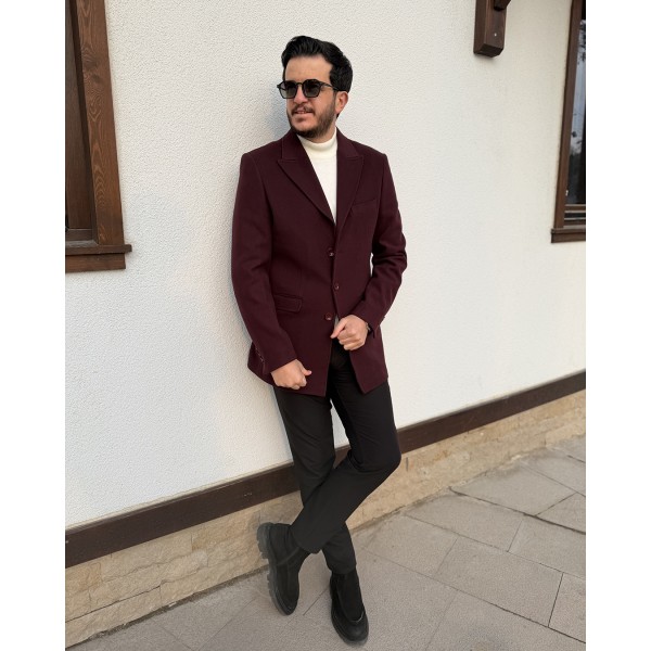 Elegant Bordo Yün Düğmeli Kaban