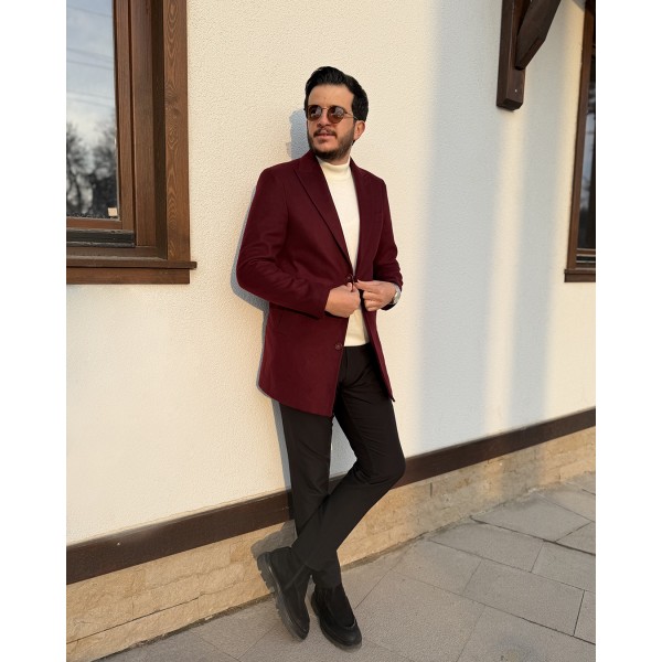 Klasik Yaka Bordo Yün Erkek Kaban