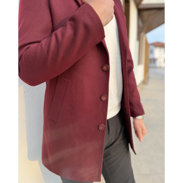 Klasik Yaka Bordo Yün Erkek Kaban