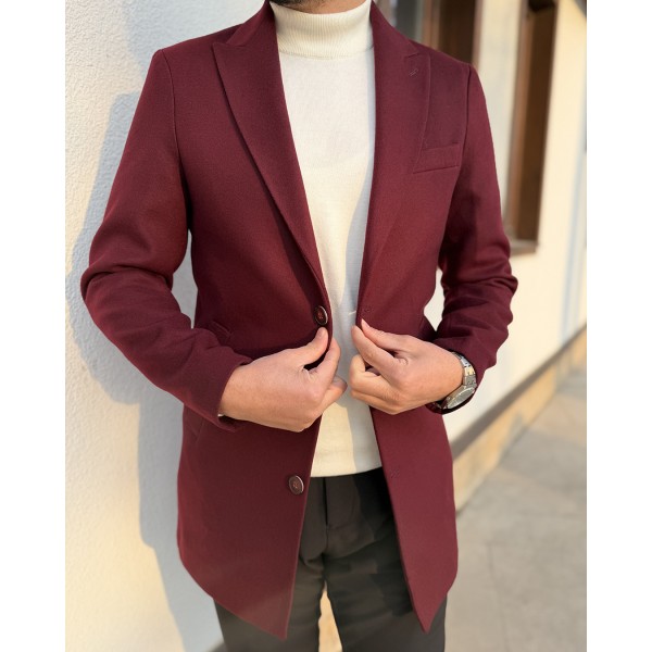 Klasik Yaka Bordo Yün Erkek Kaban