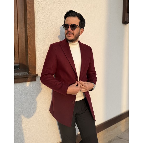 Klasik Yaka Bordo Yün Erkek Kaban