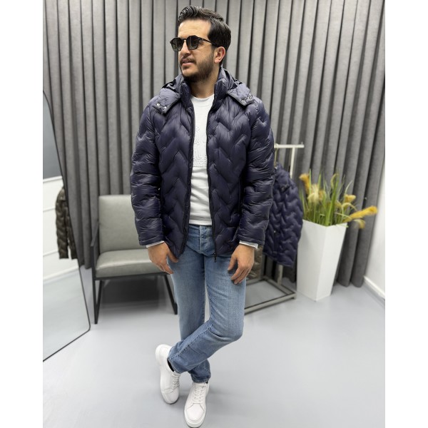 Erkek Lazer Baskı Desenli Premium Dik Yaka Şişme Mont