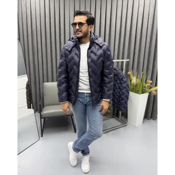 Erkek Lazer Baskı Desenli Premium Dik Yaka Şişme Mont
