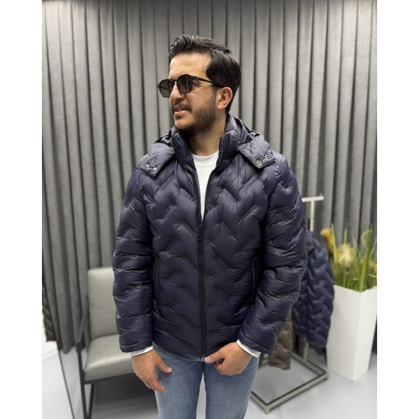 Erkek Lazer Baskı Desenli Premium Dik Yaka Şişme Mont