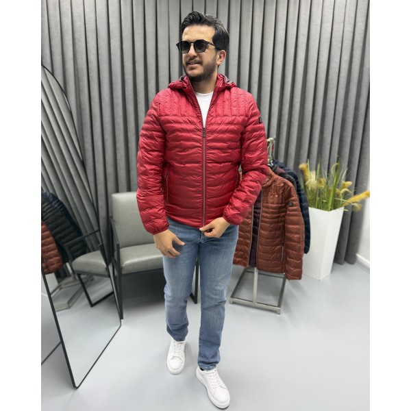 Erkek Kapitone Çizgili Desenli Kapüşonlu Slim Fit Şişme Casual Mont