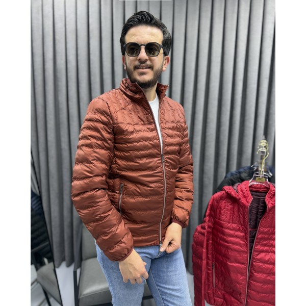 Erkek Kapitone Çizgili Desenli Kapüşonlu Slim Fit Şişme Casual Mont