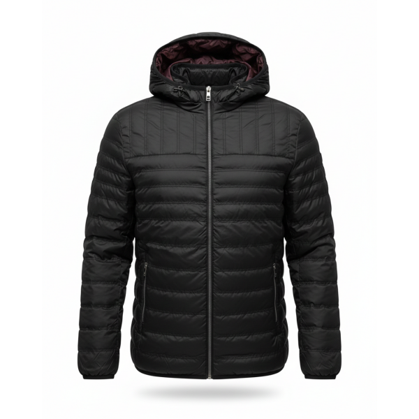 Erkek Kapitone Çizgili Desenli Kapüşonlu Slim Fit Şişme Casual Mont