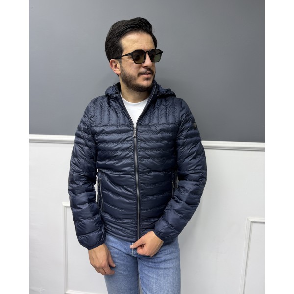 Erkek Kapitone Çizgili Desenli Kapüşonlu Slim Fit Şişme Casual Mont