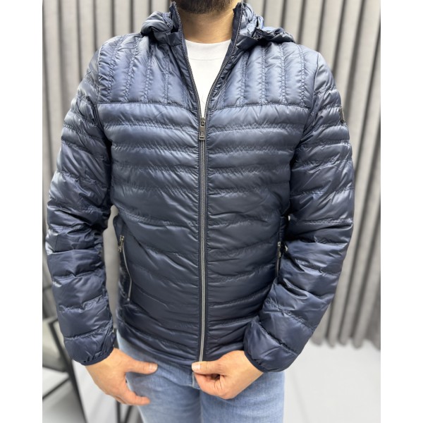 Erkek Kapitone Çizgili Desenli Kapüşonlu Slim Fit Şişme Casual Mont
