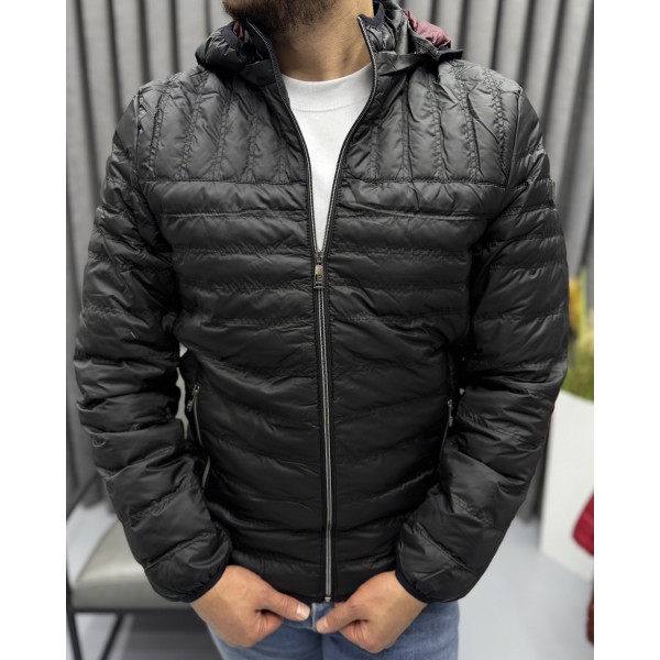 Erkek Kapitone Çizgili Desenli Kapüşonlu Slim Fit Şişme Casual Mont