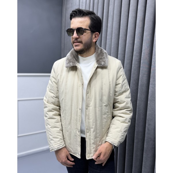 Erkek Premium Bej Kürklü Yakalı Kapitone Mont