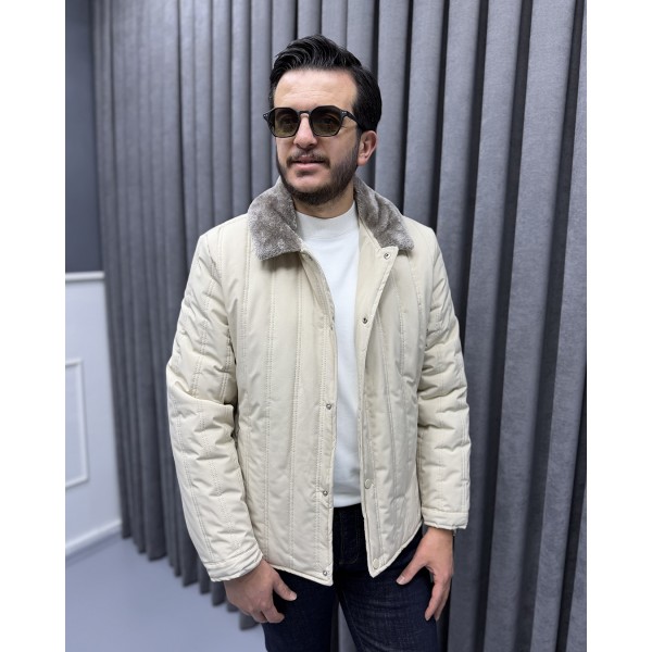 Erkek Premium Bej Kürklü Yakalı Kapitone Mont