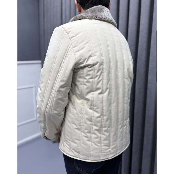 Erkek Premium Bej Kürklü Yakalı Kapitone Mont