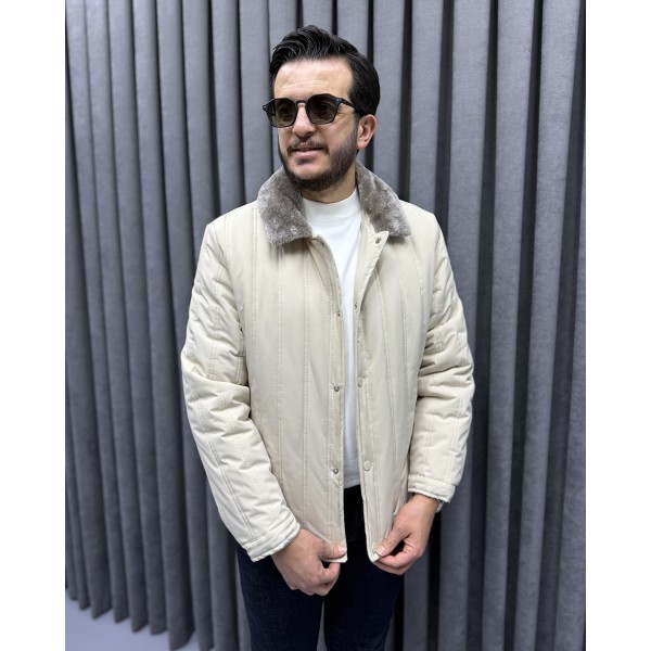 Erkek Premium Bej Kürklü Yakalı Kapitone Mont