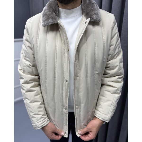 Erkek Premium Bej Kürklü Yakalı Kapitone Mont