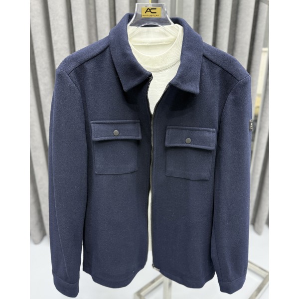 Erkek Premium Navy Lacivert Fermuarlı Kaşe Mont 