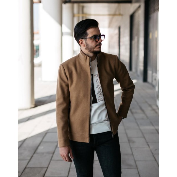 Erkek Premium Hakim Yaka Fermuarlı Kaşe Mont