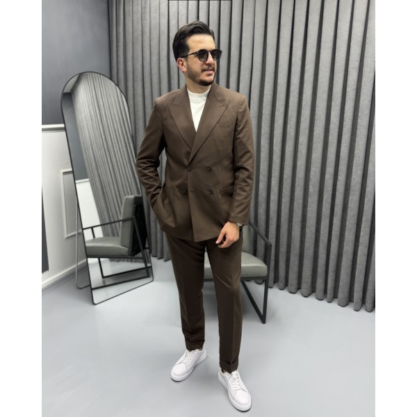 Classic Brown Kruvaze Takım Elbise Pile ve Toka D...