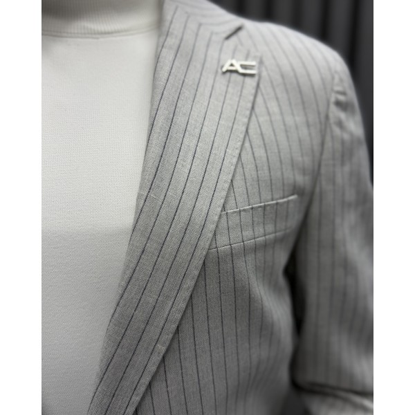 Açık Gri İnce Çizgili Modern Takım Elbise