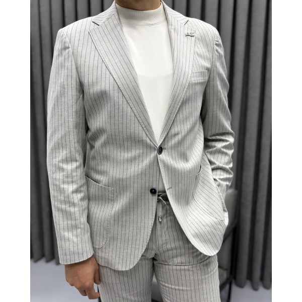 Açık Gri İnce Çizgili Modern Takım Elbise