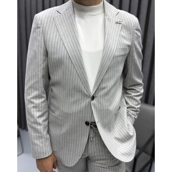Açık Gri İnce Çizgili Modern Takım Elbise