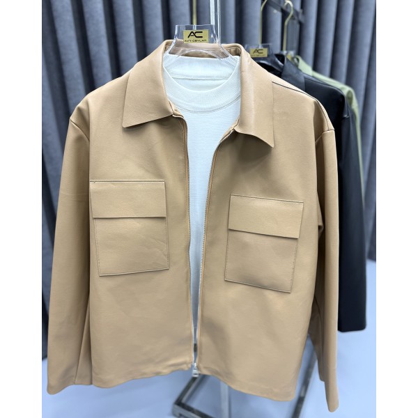Erkek Premium Geniş Yaka Cepli Deri Overshirt Ceket