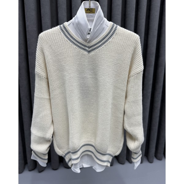 Erkek Premium Ekru V Yaka Çizgi Detaylı Oversize Triko Kazak