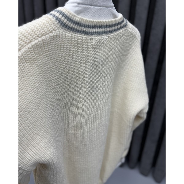 Erkek Premium Ekru V Yaka Çizgi Detaylı Oversize Triko Kazak