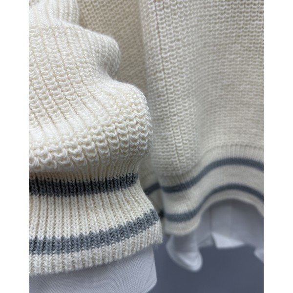Erkek Premium Ekru V Yaka Çizgi Detaylı Oversize Triko Kazak